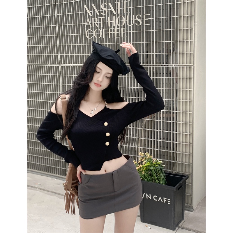 Cocory vn Áo Dệt Kim Tay Dài Trễ Vai Dáng Ôm Thời Trang Quyến Rũ Cho Nữ