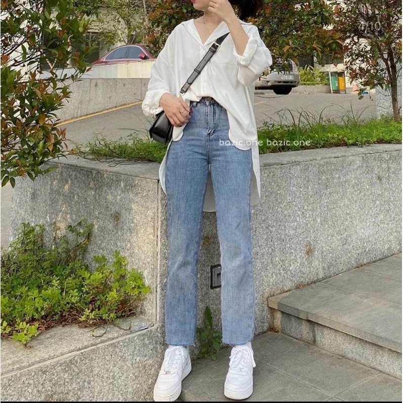 Quần jeans suông ống đứng cap cao chất jeans mềm mặc kéo dài chân