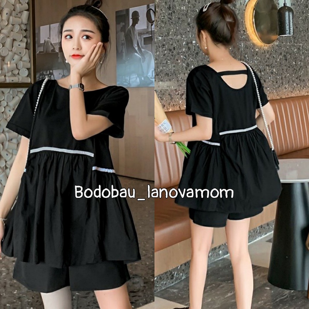Bộ đồ bầu kiểu dáng babydoll thiết kế viền trắng xinh xắn quần có chun chỉnh BĐ867