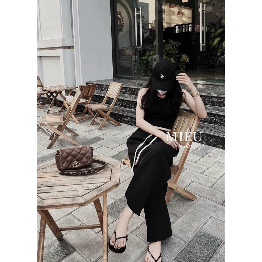 Quần Ống Rộng Nữ Lưng Cao Cạp Thun Chun Dây Rút Dáng Dài Thể Thao Vải Đen Nâu Mã 1108