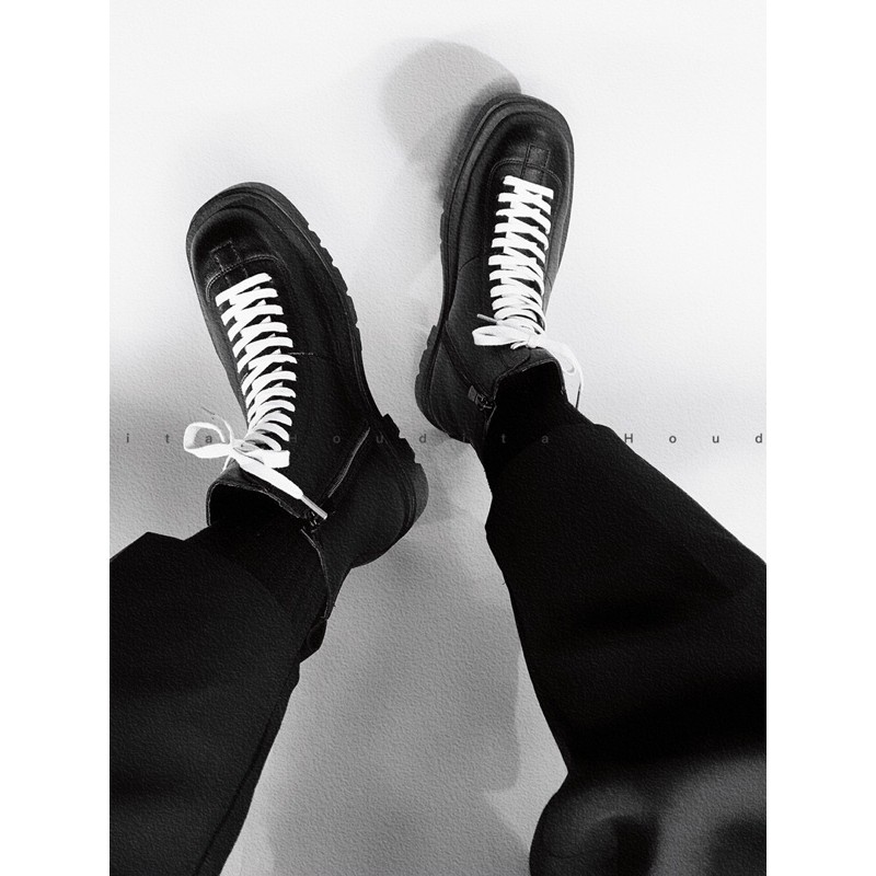 Boot cao cổ cổ lửng mũi vuông buộc dây đế cao quân đội hàn quốc - HOUDITA C-B01