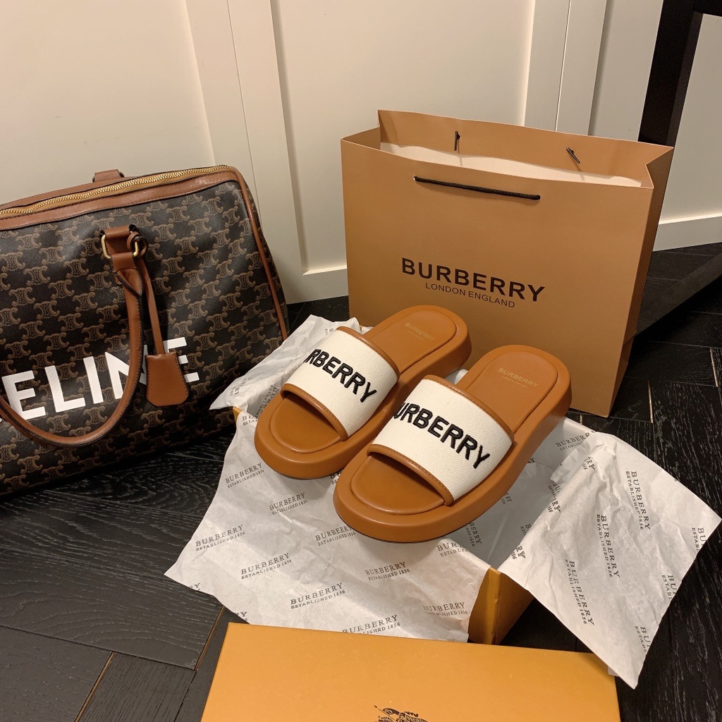 Burberry Brown Dép Lê Kẻ Sọc Caro Cổ Điển Thêu Chỉ Thời Trang 2022 Chính Hãng Một Bộ Bao Bì Toàn Diện Cho Bạn Gái