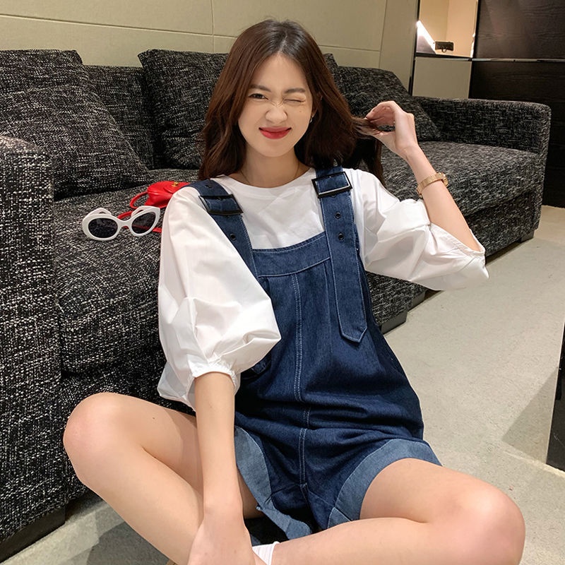 [Spot] Bộ Quần Yếm denim Ống Rộng Thiết Kế Kiểu Hàn Quốc Thời Trang