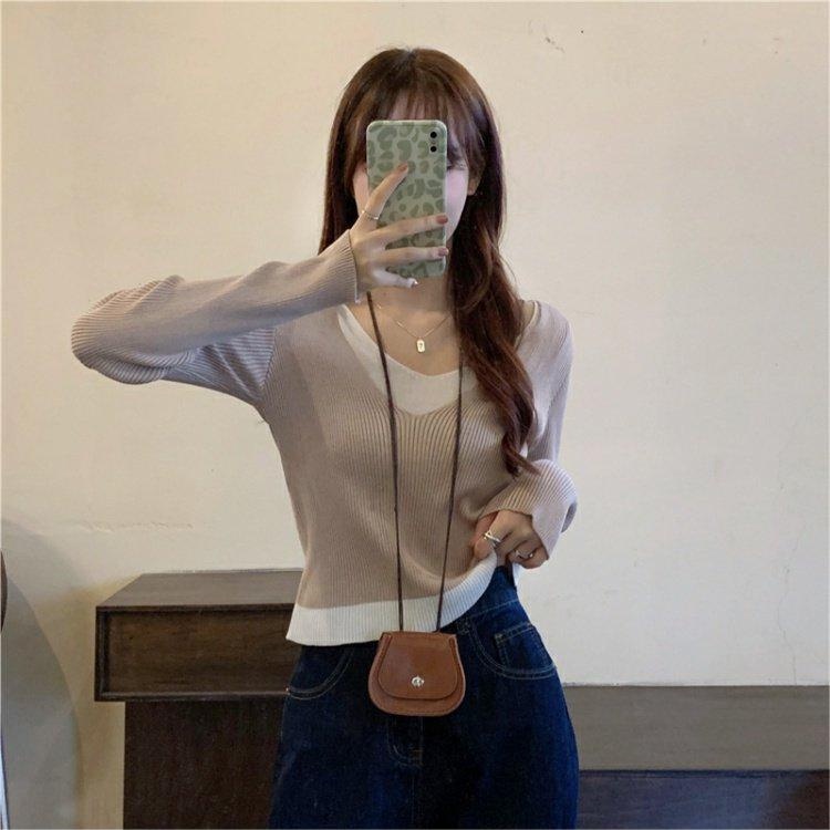Áo thun ZHELIHANGFEI dài tay giả hai lớp phối quần lưng cao thời trang sành điệu