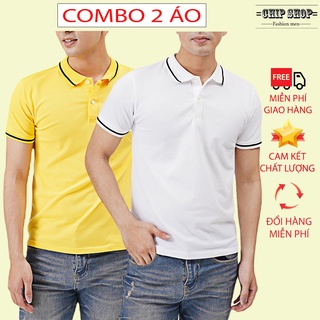 ( COMBO 2 ÁO ) Áo thun nam cổ bẻ ngắn tay ( Trắng + Vàng )