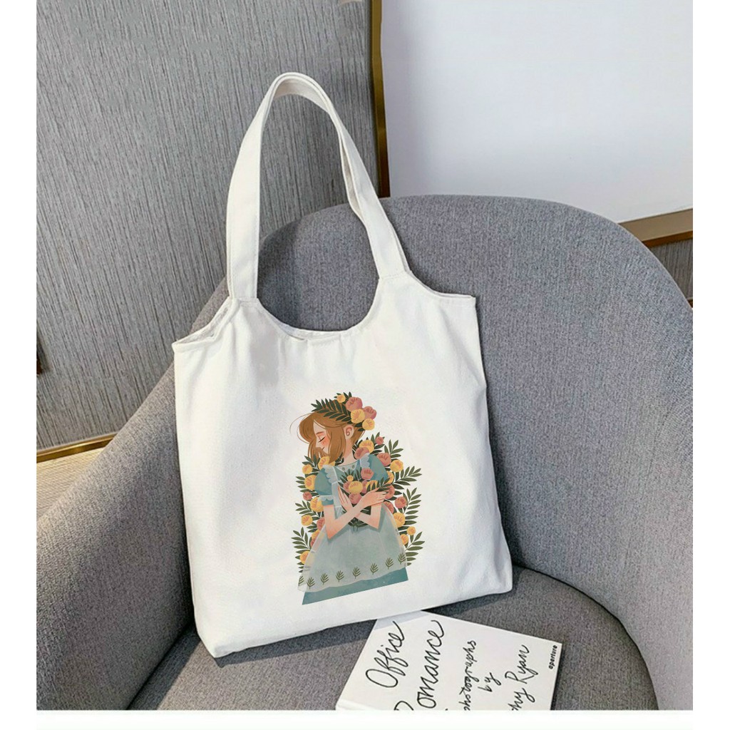 Túi Tote *BẦU* Vải Canvas đeo vai CÔ GÁI VÀ HOA - Hàn Quốc Có Khóa Miệng Túi