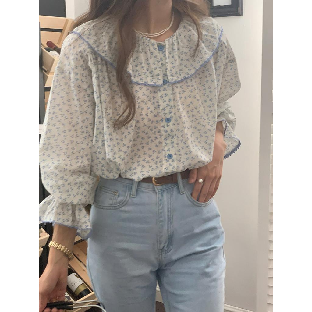 Áo Sơ Mi Dáng Rộng Dài Tay Phối Ren Thời Trang Sành Điệu 60942