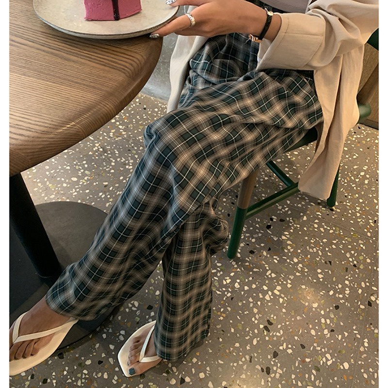 Quần ống rộng Họa Tiết Sọc Caro Thời Trang Phong Cách Retro Cho Nữ