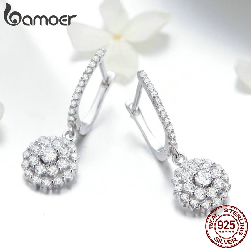 Bông Tai Bamoer SCE517 Bằng Bạc 925 Thật Hình Tròn Đính Đá Zircon Dành Cho Nữ