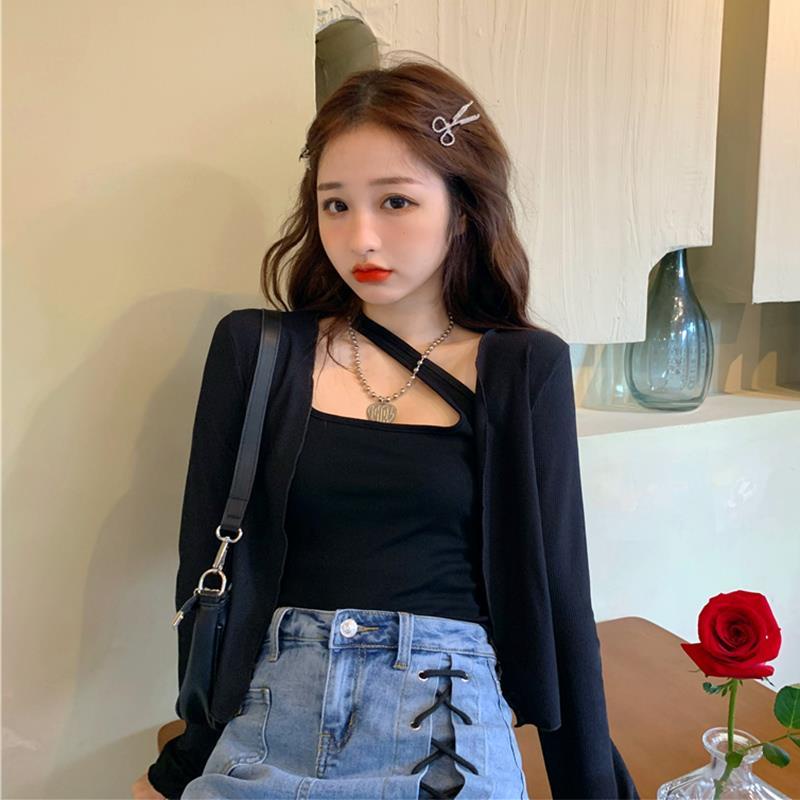 Đen Áo Khoác Cardigan Dệt Kim Mỏng Chống Nắng Phong Cách Hàn Quốc Thời Trang Xuân Thu Cho Nữ 2021