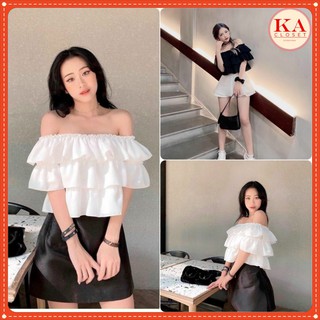 Áo trễ vai 3 tầng ngắn tay có 2 màu Đen, Trắng, chất von lụa cực mềm, mát, mịn