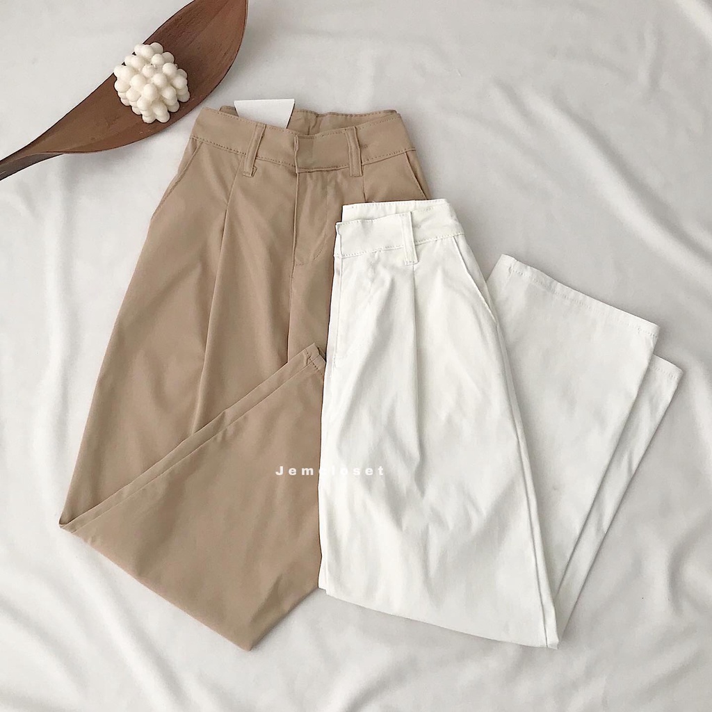 Quần Kaki Nữ Ống Rộng JEMCLOSET Màu Trắng Be Dáng Suông Thiết Kế Basic Lên Form Siêu Hack Dáng LYEN  2730