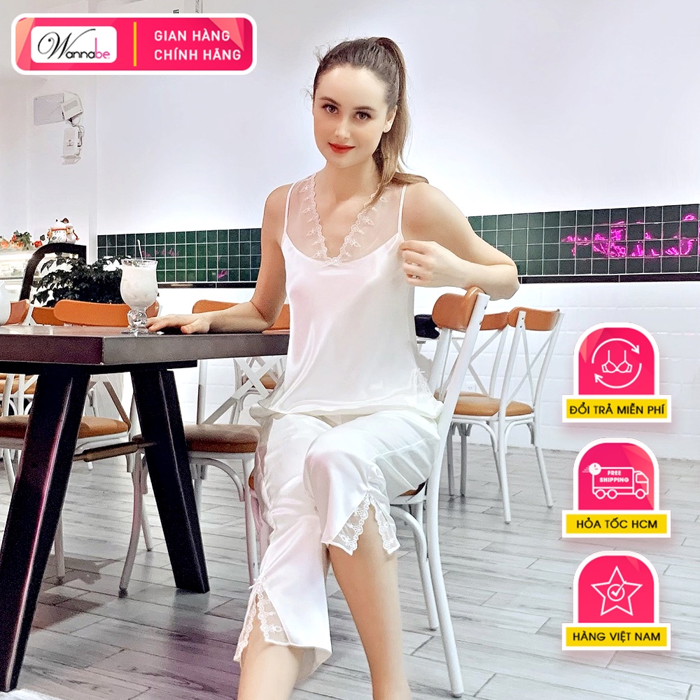 Đồ bộ mặc nhà phi lụa Wannabe, bộ dài BDS04 viền ren hoa nữ tính