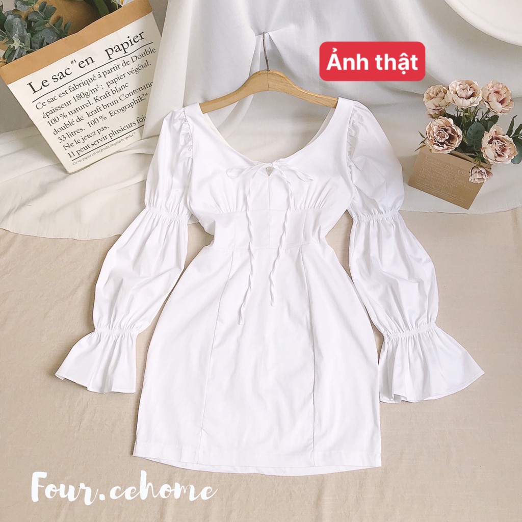 Đầm trắng tay nhún nơ nhỏ nhắn