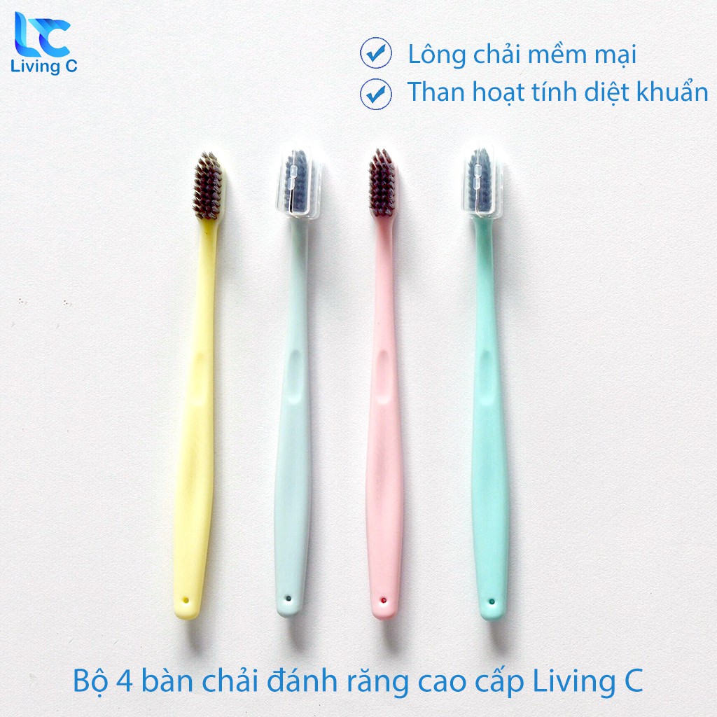 Bộ 4 bàn chải đánh răng lông mềm phủ than hoạt tính xuất Nhật Bản cao cấp Living C _4B