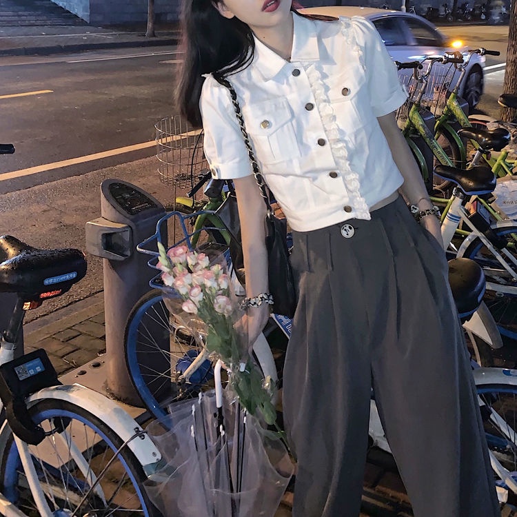 Áo Sơ Mi denim Mỏng Màu Trắng Phối Ren Hoa Hồng Thời Trang Xuân Hè Hàn Quốc Mới Cho Nữ