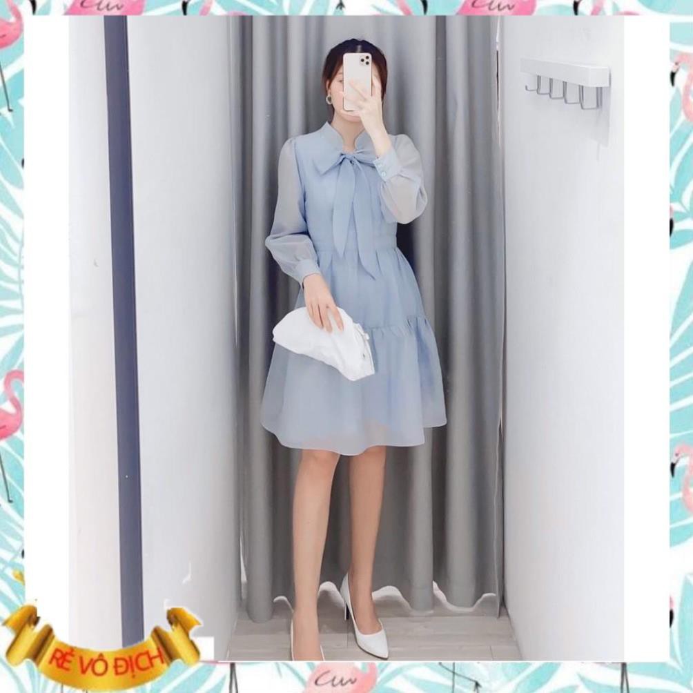 Đầm công sở trắng xanh nơ ngực tơ tầng xinh xắn - Moly dress | BigBuy360 - bigbuy360.vn