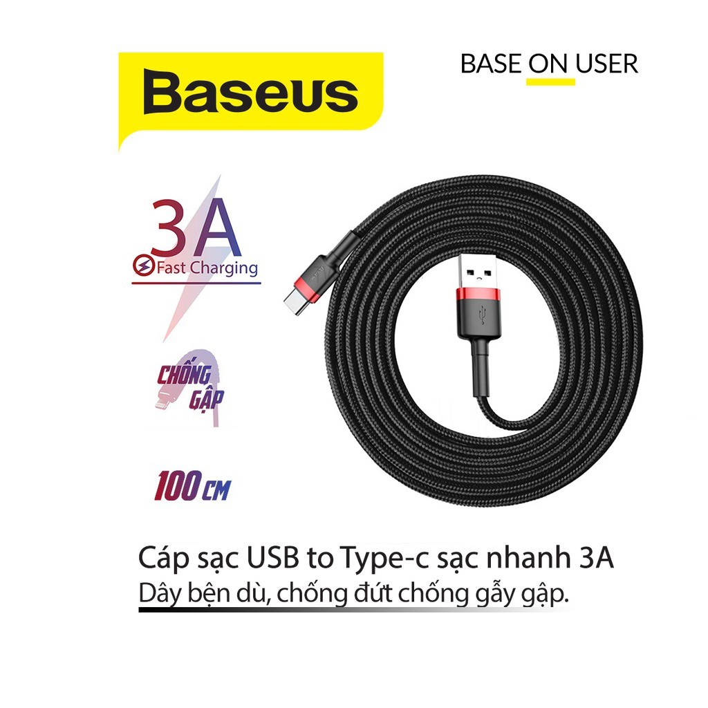 Cáp sạc nhanh truyền dữ liệu Baseus Cafule Type-C vải dù siêu bền dài 1M/2M/3M cho Samsung S8/ S9/ Xiaomi/ Huawei