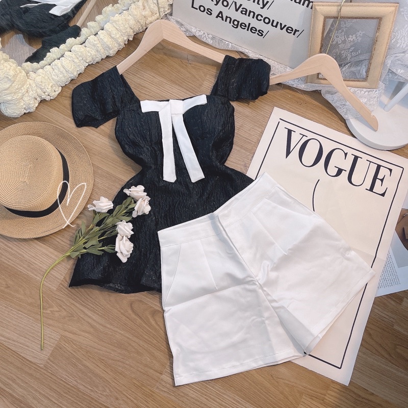 Set áo gấm đen nơ trắng kèm quần short VIBES