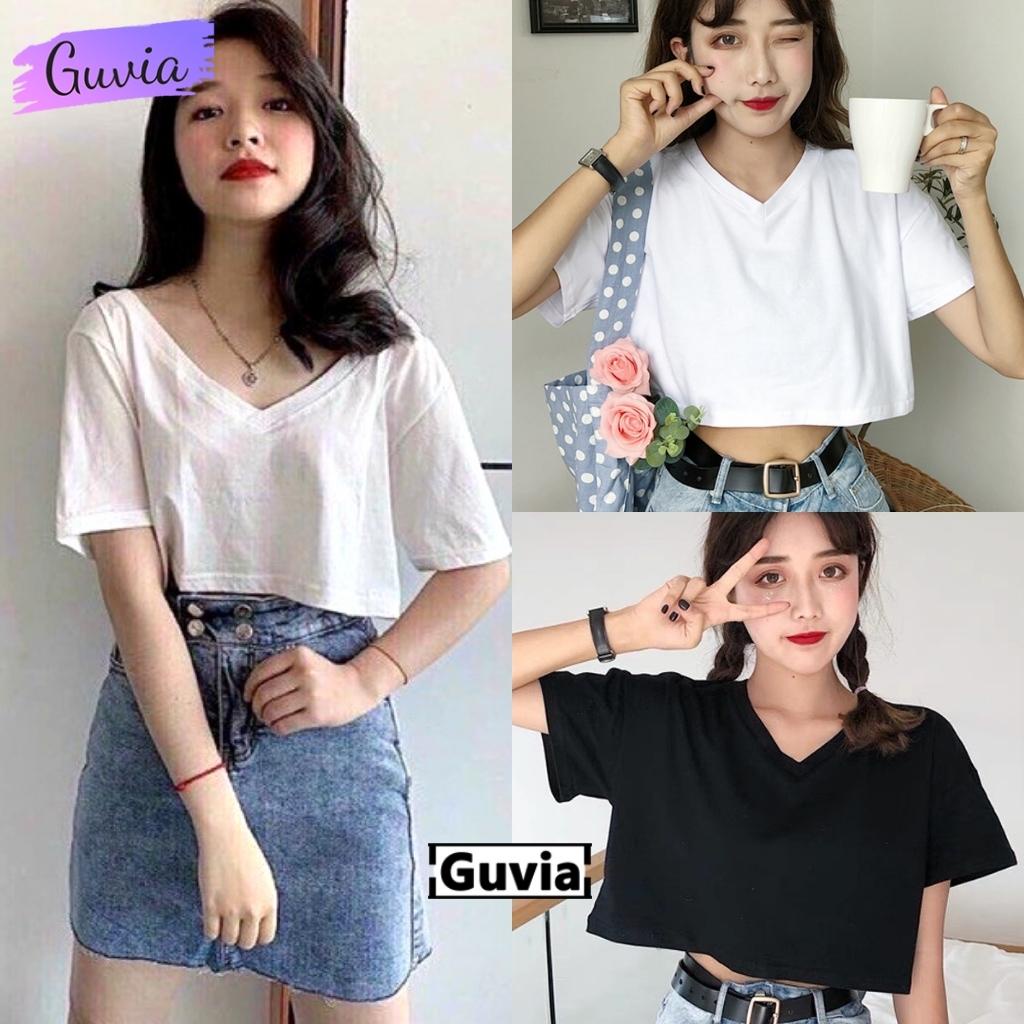 Áo Croptop CỔ TIM nữ form rộng basic, Áo kiểu nữ ôm chất thun cotton mềm mát GUVIA