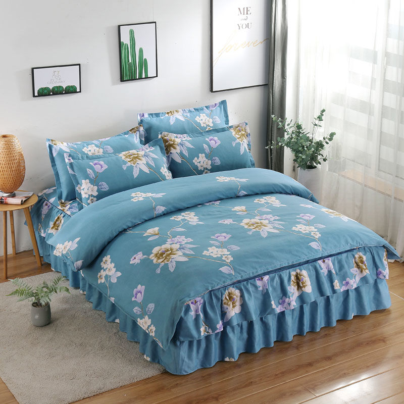 Thickened Bed Skirt Four-Piece Set Korean Style Quilt Cover Princess Style Bedspread Brushed Quilt Cover Non-Cotton Cotton Bedding