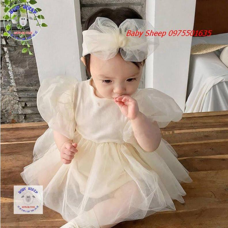 (Tặng Băng Đô) Váy body tiểu thư vàng công chúa tay bồng váy xòe màu trắng và be Baby Sheep cho bé 0-2 tuổi hàng cao cấp