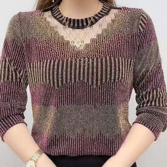 Áo Thun Tay Dài Phối Ren Dáng Rộng Thiết Kế Tinh Tế Thời Trang Mùa Thu Cho Phụ Nữ Trung Niên