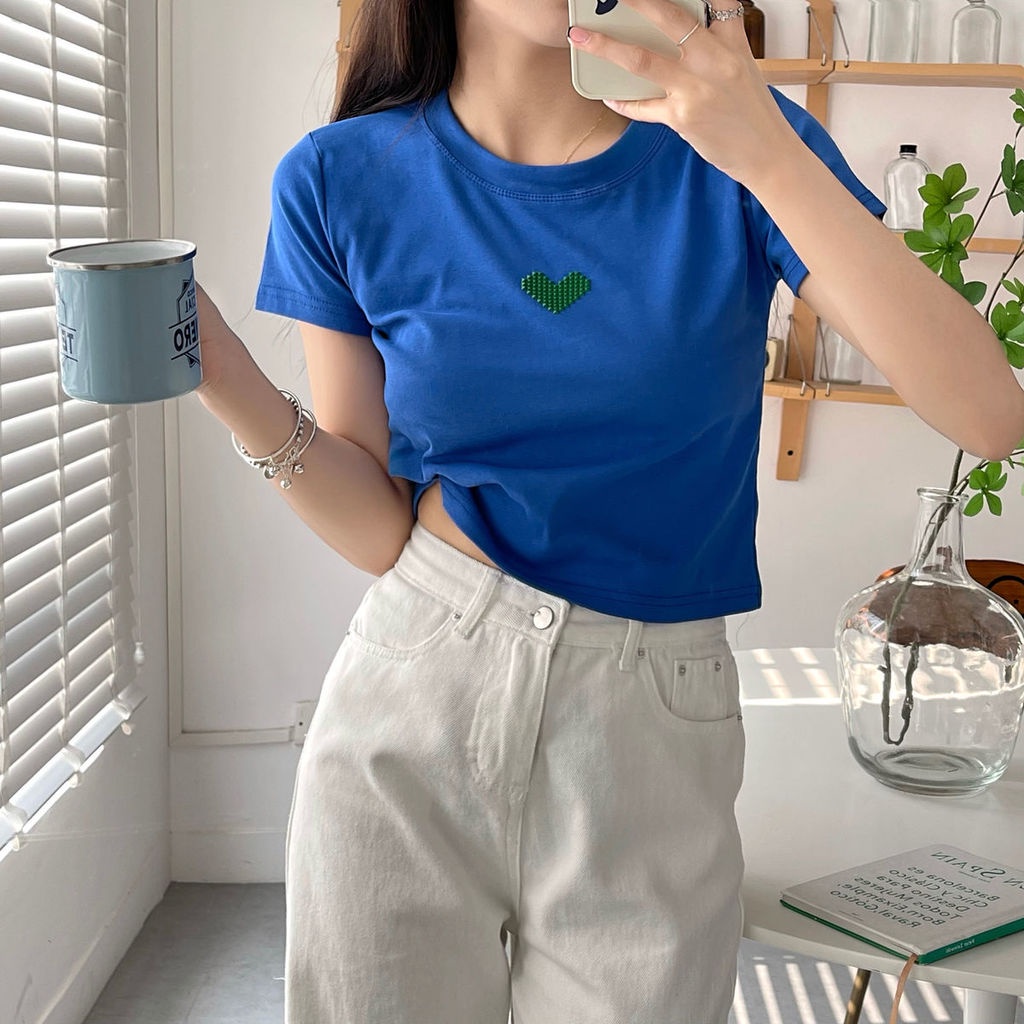 Áo Thun Ngắn Tay Thêu Họa Tiết Trái Tim Nhỏ Xinh Thời Trang Mùa Hè Cho Nữ