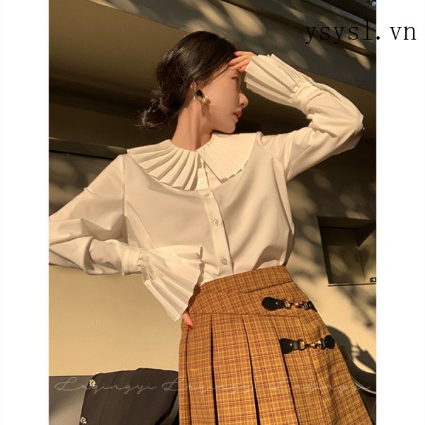 Áo Sơ Mi Tay Dài Cổ Búp Bê Viền Bèo Màu Trắng Phong Cách Retro Thời Trang Cho Nữ