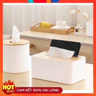 Hộp Đựng Giấy Ăn Nắp Vân Gỗ Kiêm Giá Để Điện Thoại Đa Năng  Tiện lợi