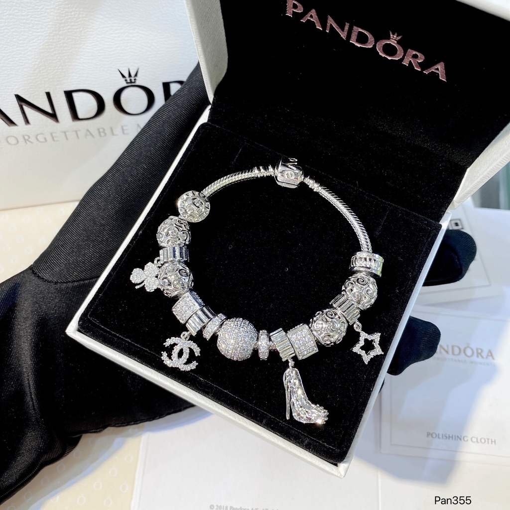 Vòng tay nữ charm pandora xi bạch kim full charm đính đá cao cấp Ròm House full hộp - ms3404201