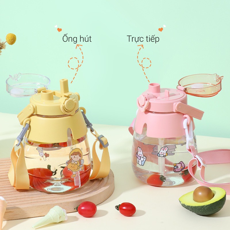Bình nước cute dễ thương có ống hút 1300ml cho bé đi học tặng kèm sticker FITEZY HCM