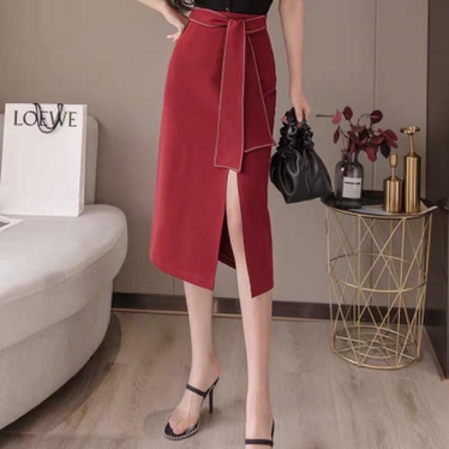 Chân Váy Suông Xẻ Cao Thắt Nơ Cách Điệu Trẻ Trung, Chân Váy Công Sở Dáng Dài Qua Gối
