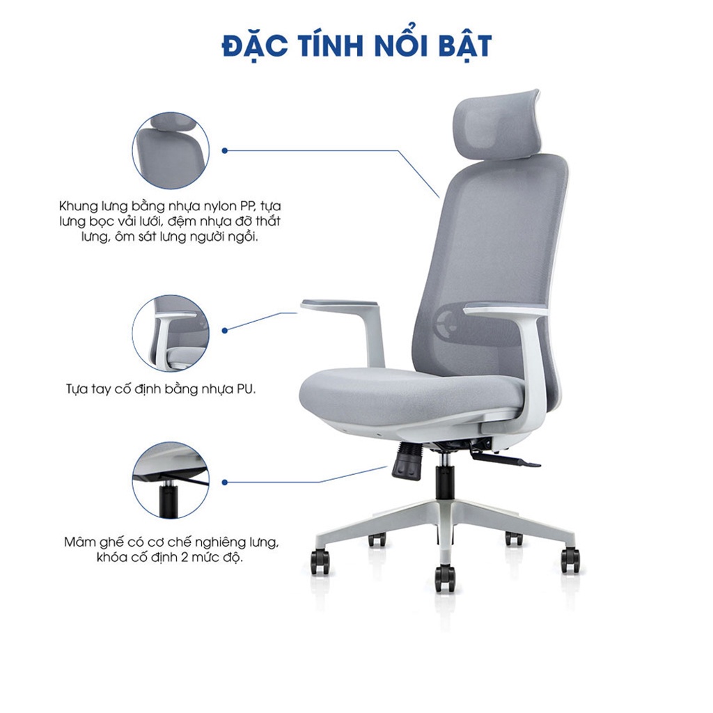 Ghế công thái học Ergonomic GOVI Felix F6232A-HS - Tựa đầu điều chỉnh độ cao, tựa tay 3D nâng hạ, mâm ghế ngả 135 độ