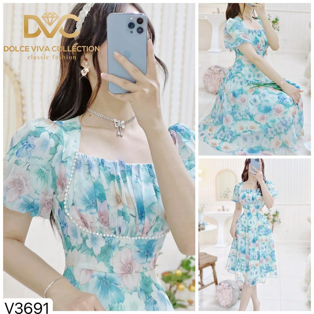 VÁY XANH HOA LÁ TAY BỒNG PHỐI VIỀN NGỌC V3691 - DVC