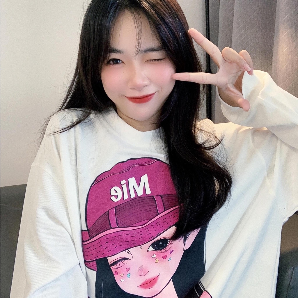 Áo phông hình cô gái chất cotton oversize siêu rộng, áo phông dài tay