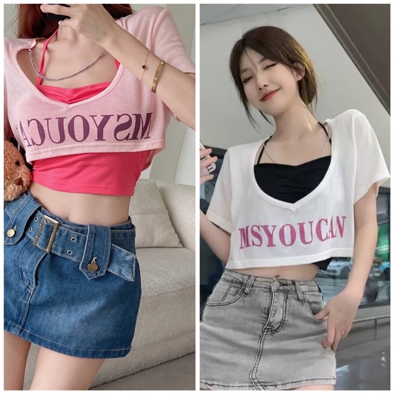 Set áo kiểu nữ  áo ngoài croptop mix áo 2 dây yếm hot hit