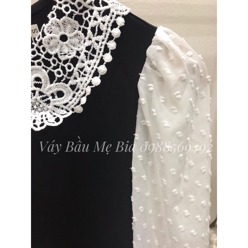 Váy Bầu Thu Đông - Đầm Bầu GUME màu đen cổ ren đuôi cá, tay voan hạt cao cấp, trẻ trung MB 175