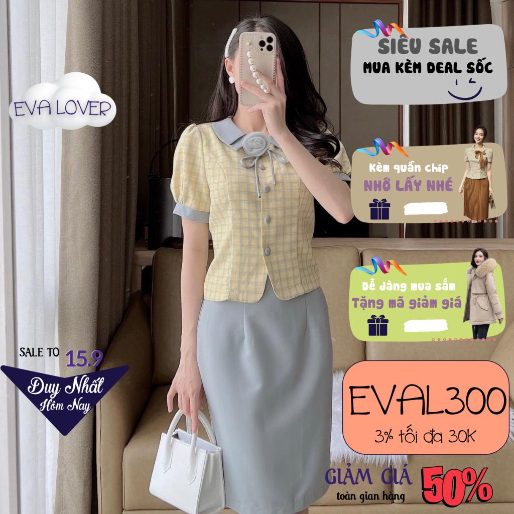 Set váy công sở kẻ caro cổ sơ mi đính hoa rời mix chân váy bút chì chất liệu kate nhật cao cấp hiện đại Evalover