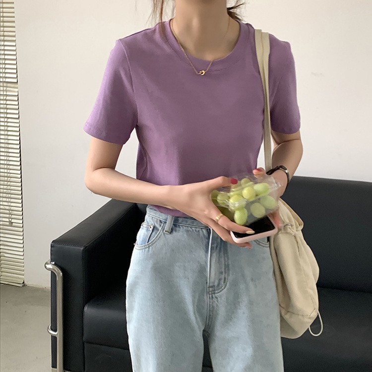 Áo thun trơn Basic nữ Ngắn tay Form dài rộng Cổ tròn Áo Phông thun nữ Tay ngắn Mùa Hè Thời trang | BigBuy360 - bigbuy360.vn