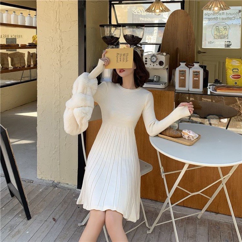 Váy len dáng xoè cổ tròn vải đẹp dáng chuẩn 2021