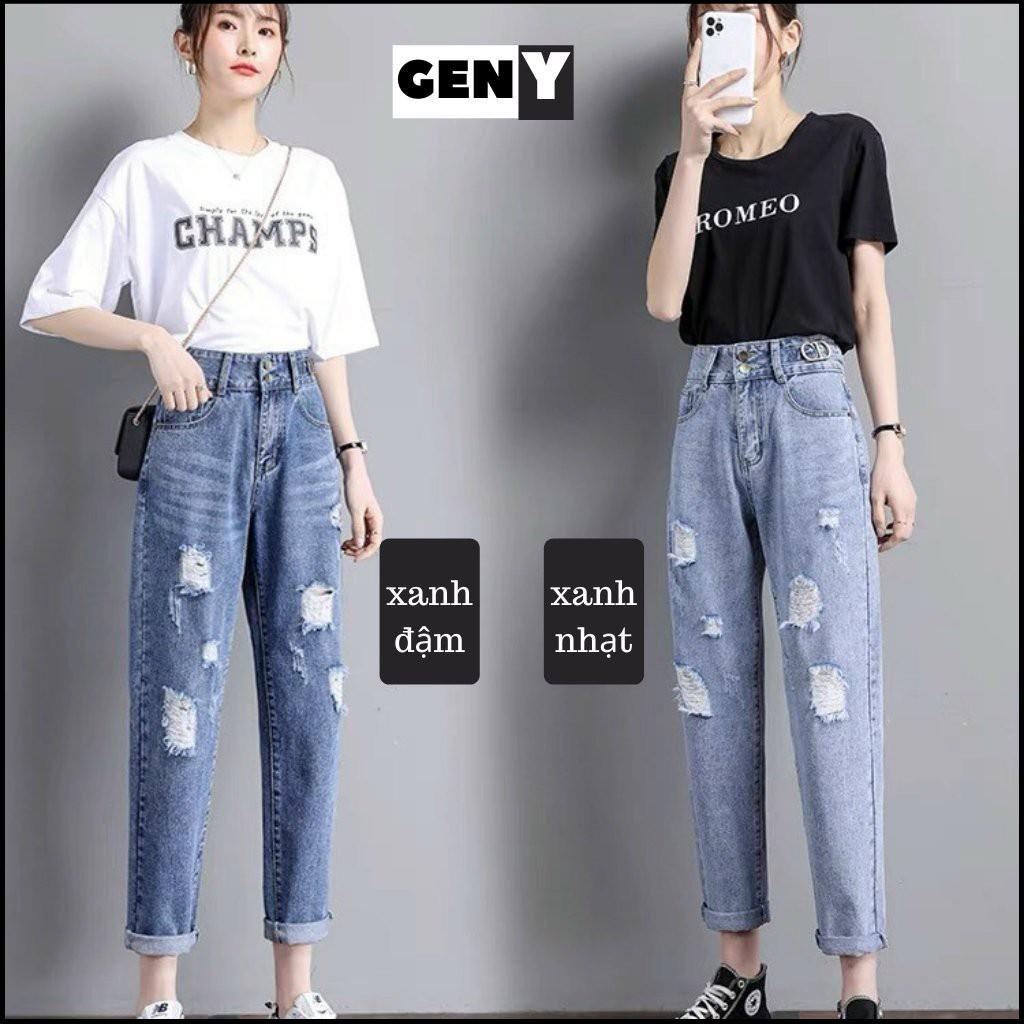 Quần Baggy Jean Nữ Rách Tinh Tế Lưng Cao Trang Nhã Phong Cách Hàn Quốc