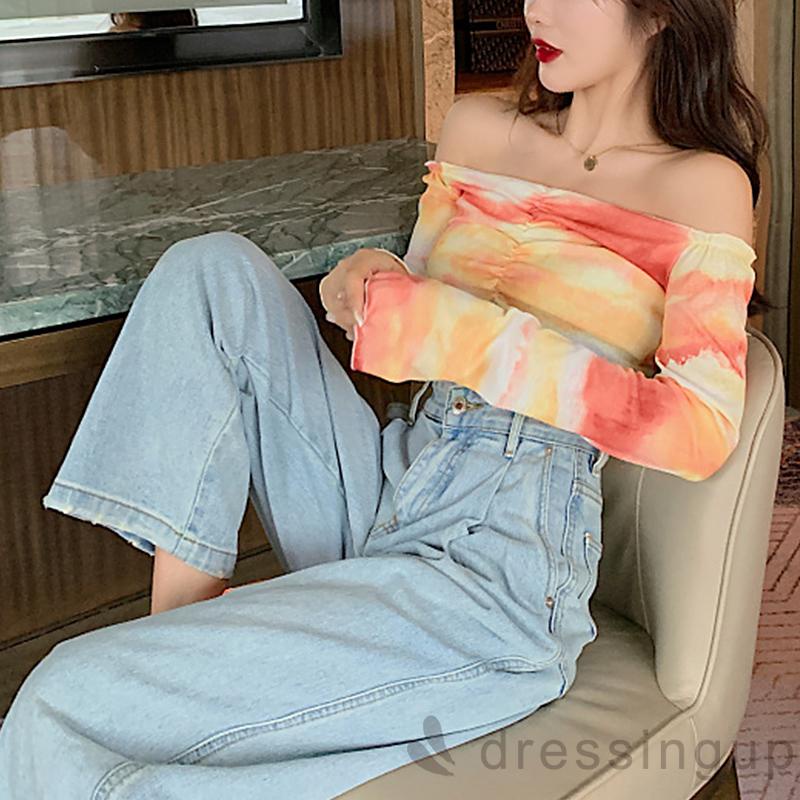 Áo Croptop Tay Dài Cổ Thuyền Màu Nhuộm Thời Trang Cho Nữ