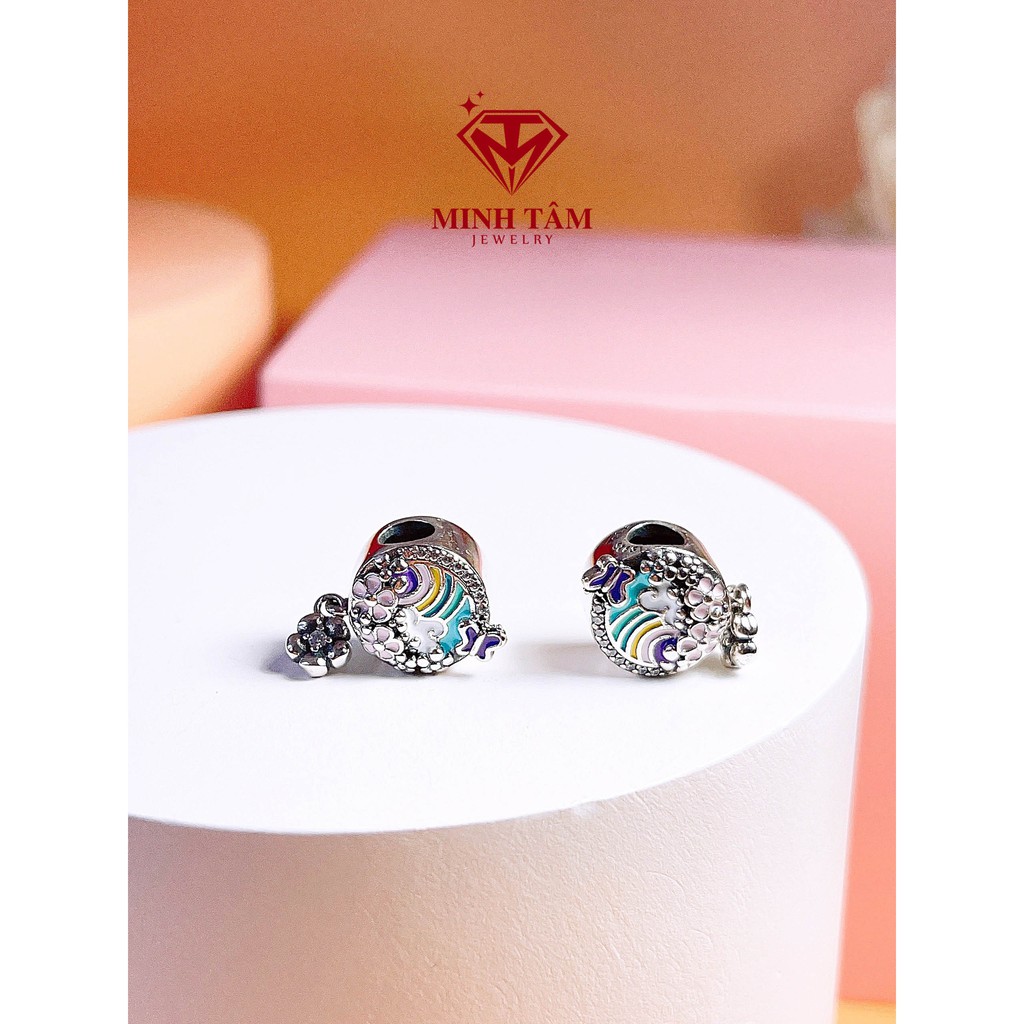 Charm Pan bạc Thái cầu vồng treo hoa, Charm bạc in cầu vồng hoa bạc 925-Minh Tâm Jewelry