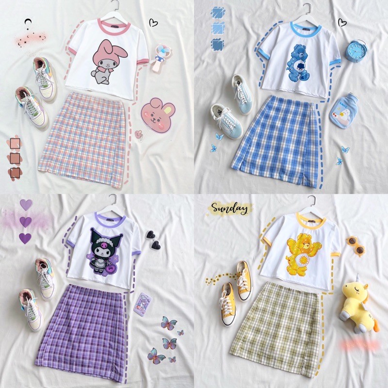 Set Váy Caro Croptop Viền Body Ảnh Thật