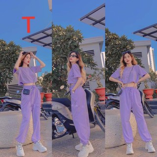Sét bộ áo croptop và quần ống rộng cạp cao