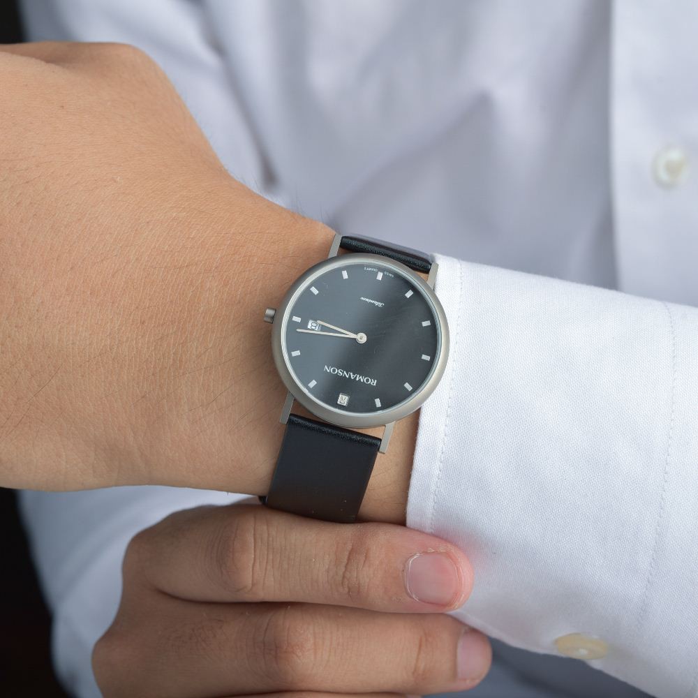Đồng hồ Romanson Men Watch UL0576NMWBK nam mặt mỏng máy Thụy Sĩ vỏ Titanium, kính chống xước dây da cao cấp chính hãng