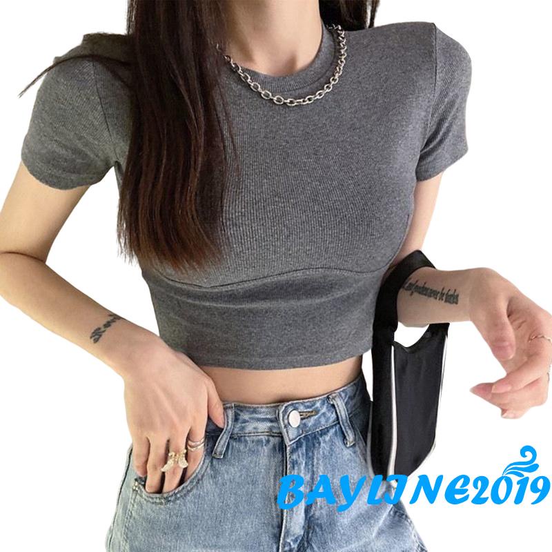 Áo Thun Ngắn Tay Cổ Tròn Màu Sắc Đơn Giản Dành Cho Nữ