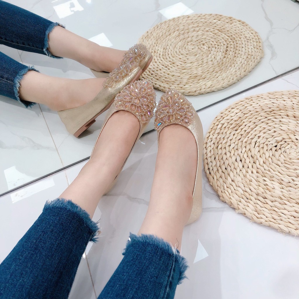 Min's Shoes - Giày Bệt Đá Da Thật B280 Vàng đá