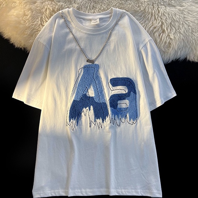 Áo Thun Tay Ngắn Form Rộng Họa Tiết Thêu Theo Phong Cách Preppy Dễ Phối Đồ